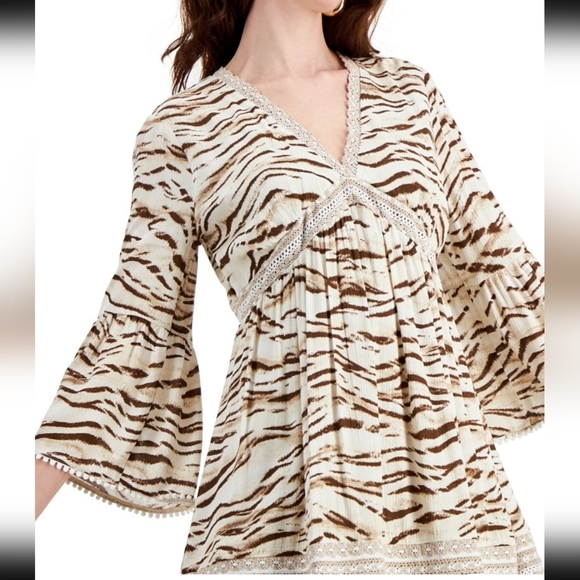 INC International Concepts Tops - Inc New Women's Tiger Print Bell Sleeve Mini Boho Festival Dress, Size M Beige